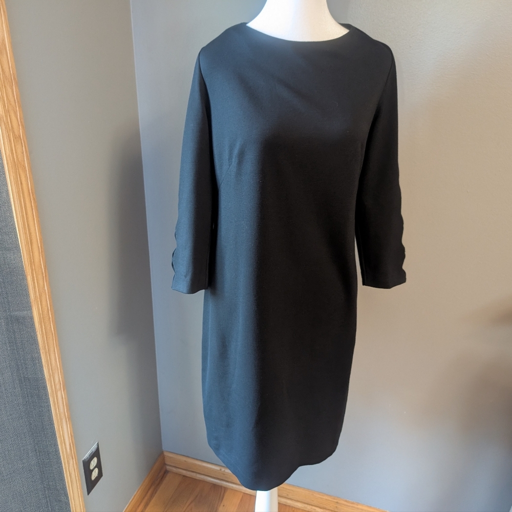 RSVP By Talbots Black Ponte Scallop Sleeve Sheath Stretch Dress Size 10